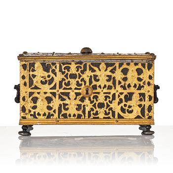 The Wrangel strongbox, a German wrought iron and steel engraved strongbox dated 1658.