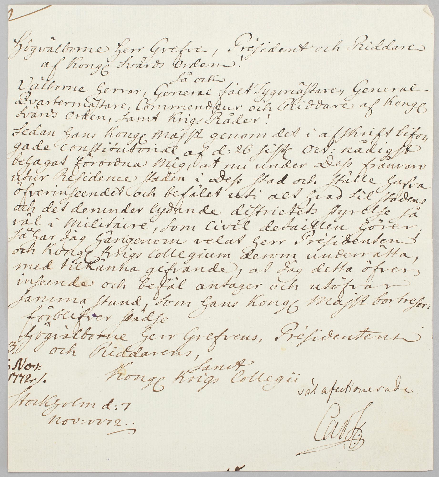 HERTIG KARL (1748-1818), egenhändigt signerat brev, daterat Stockholm 7 november 1772.