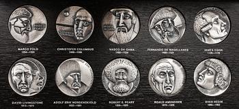 MEDALJSAMLING, 10 st, silver, upptäcktsresande. Sporrong 1973-74. Tot silvervikt ca 661 gram.