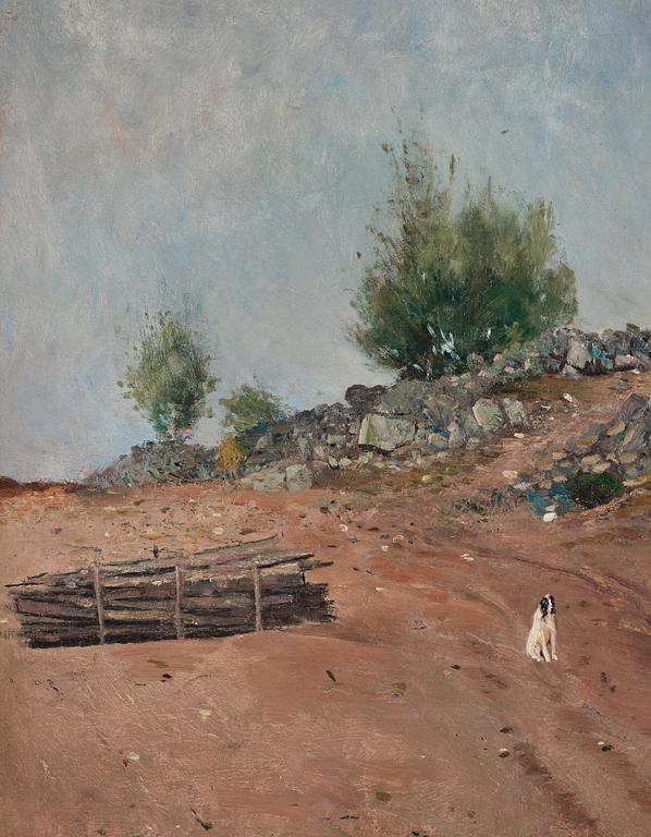 Carl Fredrik Hill, "Väg med sittande hund, Fontainebleau" (Road with sitting dog, Fontainebleau).