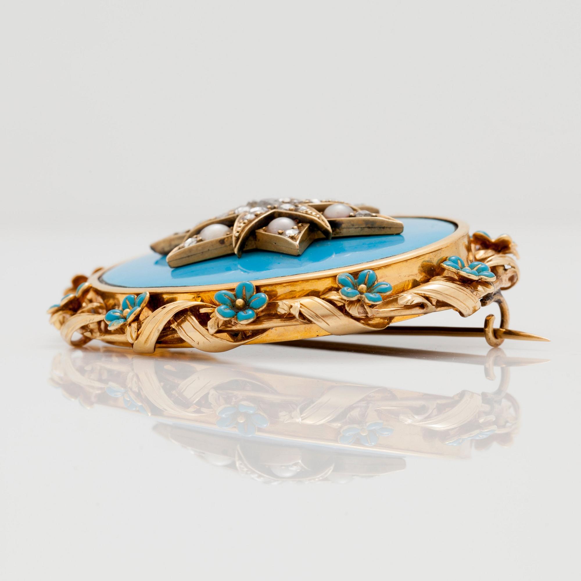 A Victorian enamel, pearl and diamond remembrance brooch, with forget me not floral motifs. French export marks.