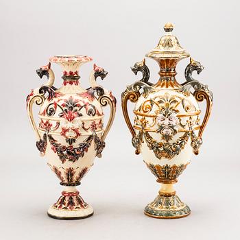 A set of two Rörstrand majolica urns around 1900.