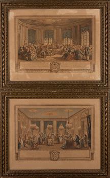 AUGUSTIN DE SAINT-AUBIN, efter, 2 st handkolorerade etsningar, L. Provost, 1800-tal.