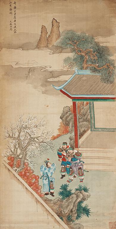 Four hanging scrolls with scenes from the history of the Three Kingdoms, late Qing dynasty (1644-1912).