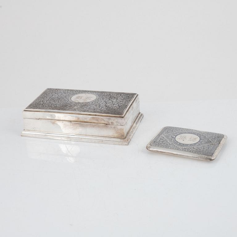 Cigarette case and box, sterling silver, Thailand.