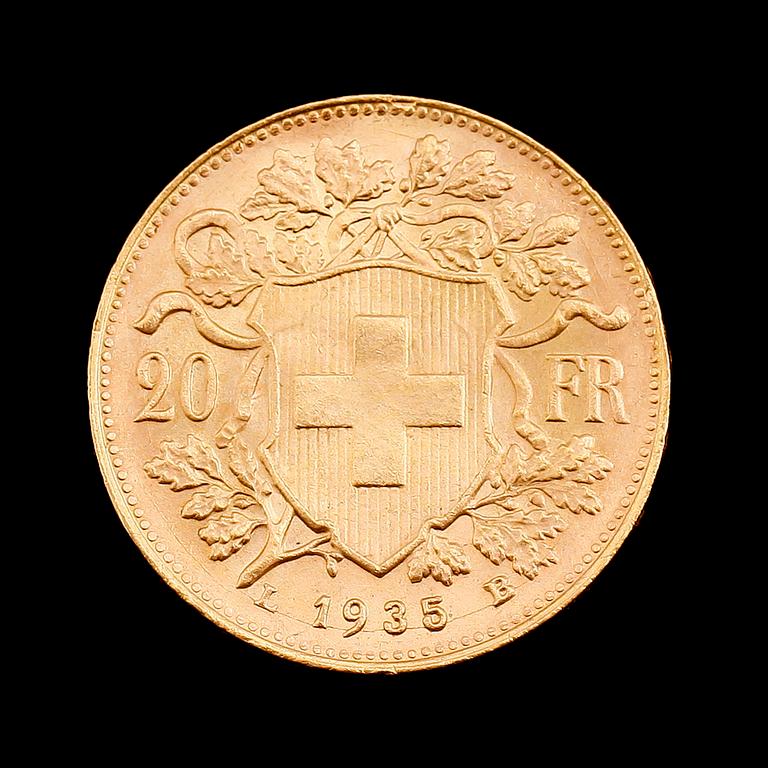 GULDMYNT, 20 franc, Schweiz, 1935. Vikt ca 6 gram.