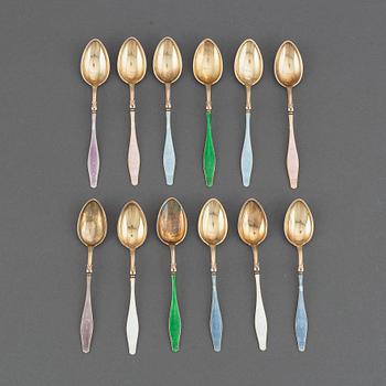 12 Norwegian silver-gilt and enamel spoons, mark of David Andersen, Oslo.