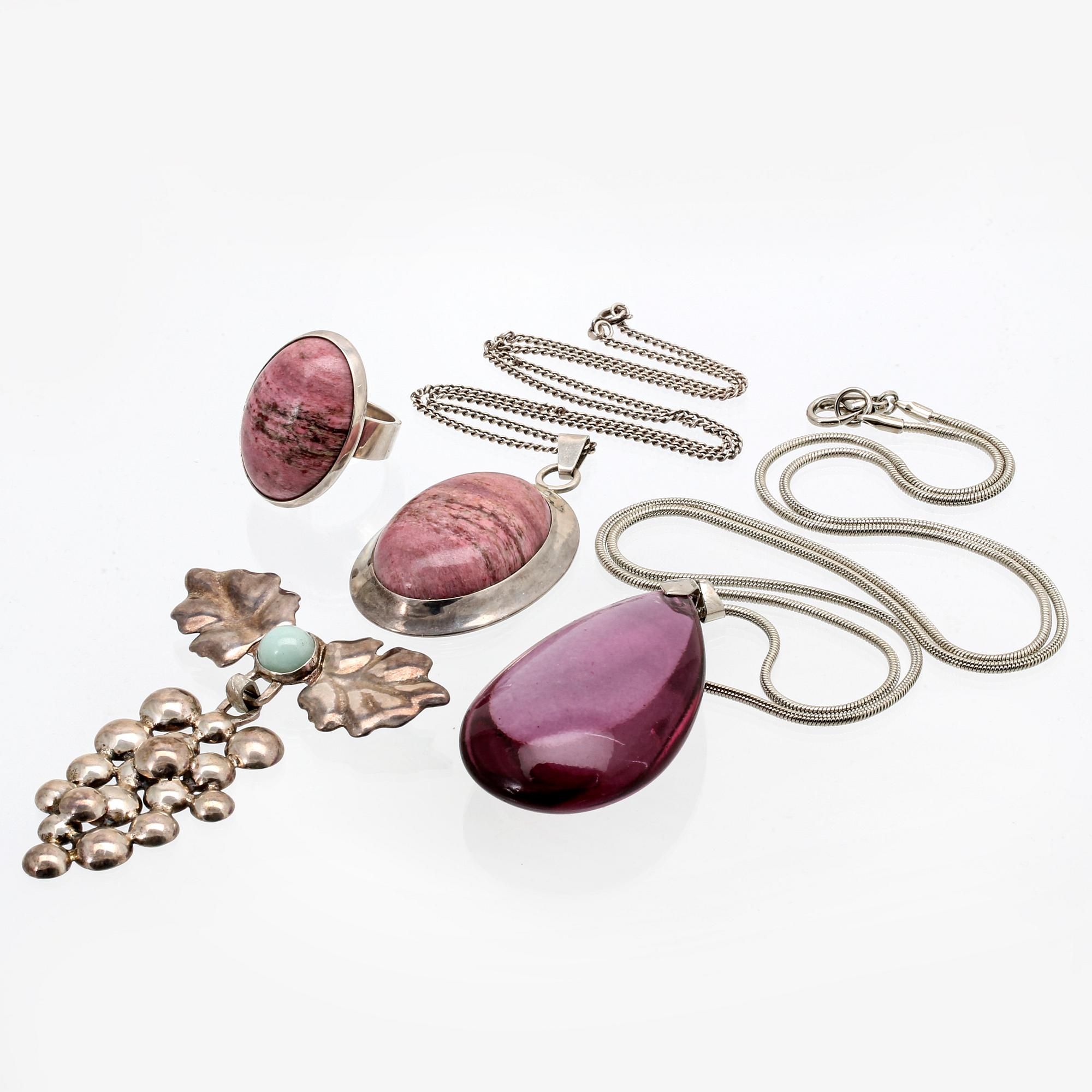 2 pendants with chains, 1 brooch, 1 ring, silver, rodochrosite, aventurine, metall, lilac drop probably glass, 4 pieces.