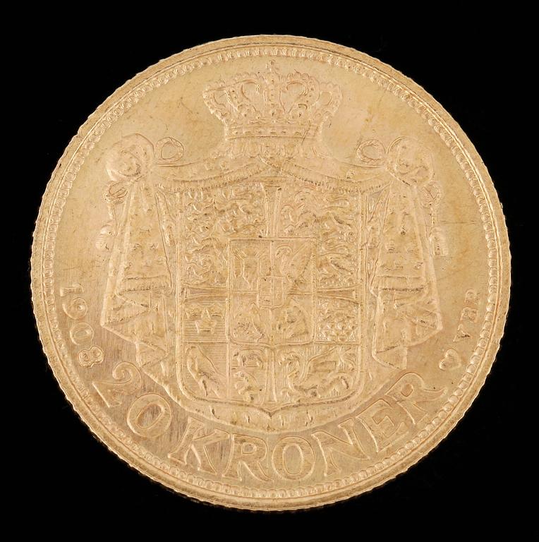 GULDMYNT, 20 Kroner, Danmark 1908. Vikt ca 9 gram.