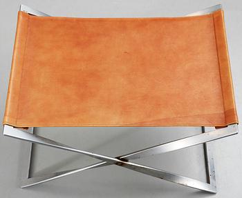 A Poul Kjaerholm 'PK-91' steel and brown leather stool, Fritz Hansen, Denmark.