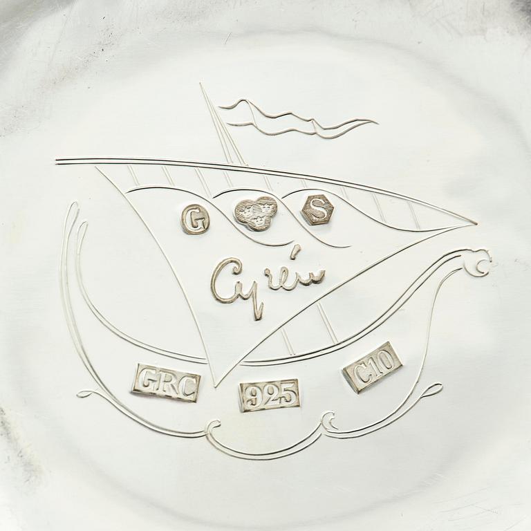 Gunnar Cyrén, "Stornäbb" (large beak), a unique sterling silver bowl with sapphires and glass, Gävle, Sweden 1977.