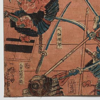 UTAGAWA YOSHITORA, two coloured woodblock prints, triptych, Japan, late 19th century.