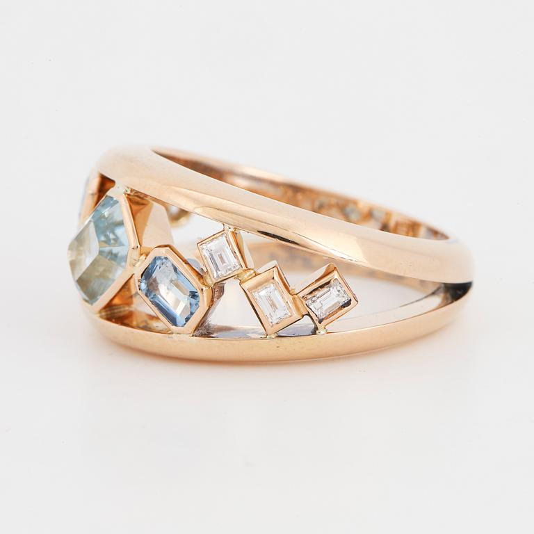 Aquamarine, baguette and brilliant-cut diamond band ring.