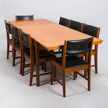 Pertti Salmi, a 1970s 'Samuel' dining table and eight 'Simeon' chairs for Vaara Tuotanto, Kaluste-Yhtymä, Finland.