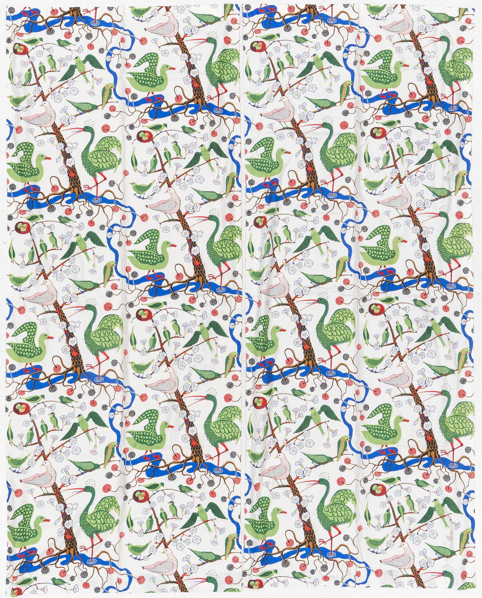 Josef Frank, a pair of 'Gröna Fåglar', (Green Birds) curtains, Svenskt Tenn.