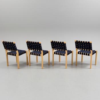 Four of Alvar Aalto birch tree and canvas chairs, model 611 by Artek.