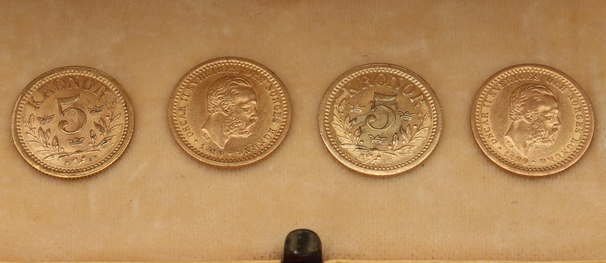 GULDMYNT, 4 st, 5 kronor, Oscar II av Sverige-Norge, 1899. Tot ca 9 gram.