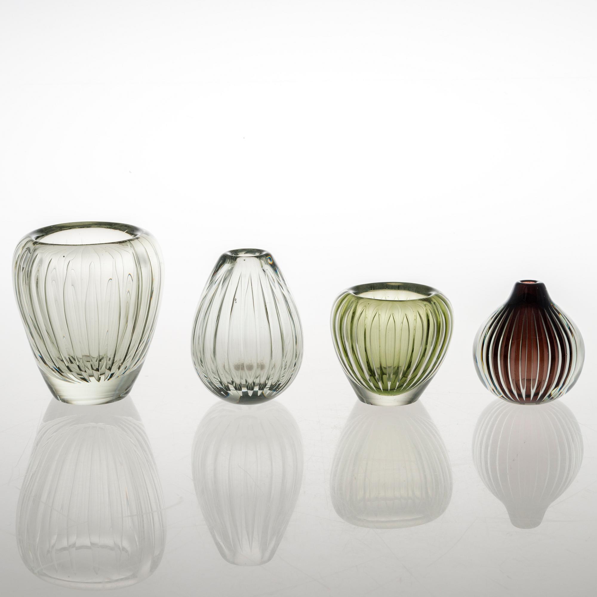 KAJ FRANCK, Four glass vases "Kaisla"(Reed). Three signed K. Franck Nuutajärvi Notsjö. 1950:s.