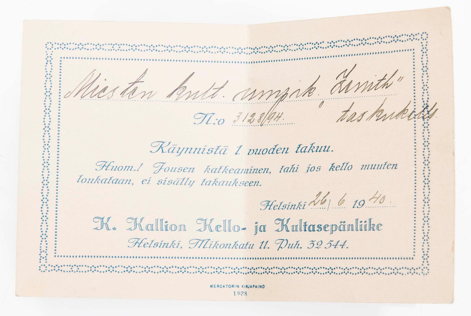 FICKUR, guld, Zenith dubbelboett. Klockked av gulmetall. Etui. Köpkvitto 1940.