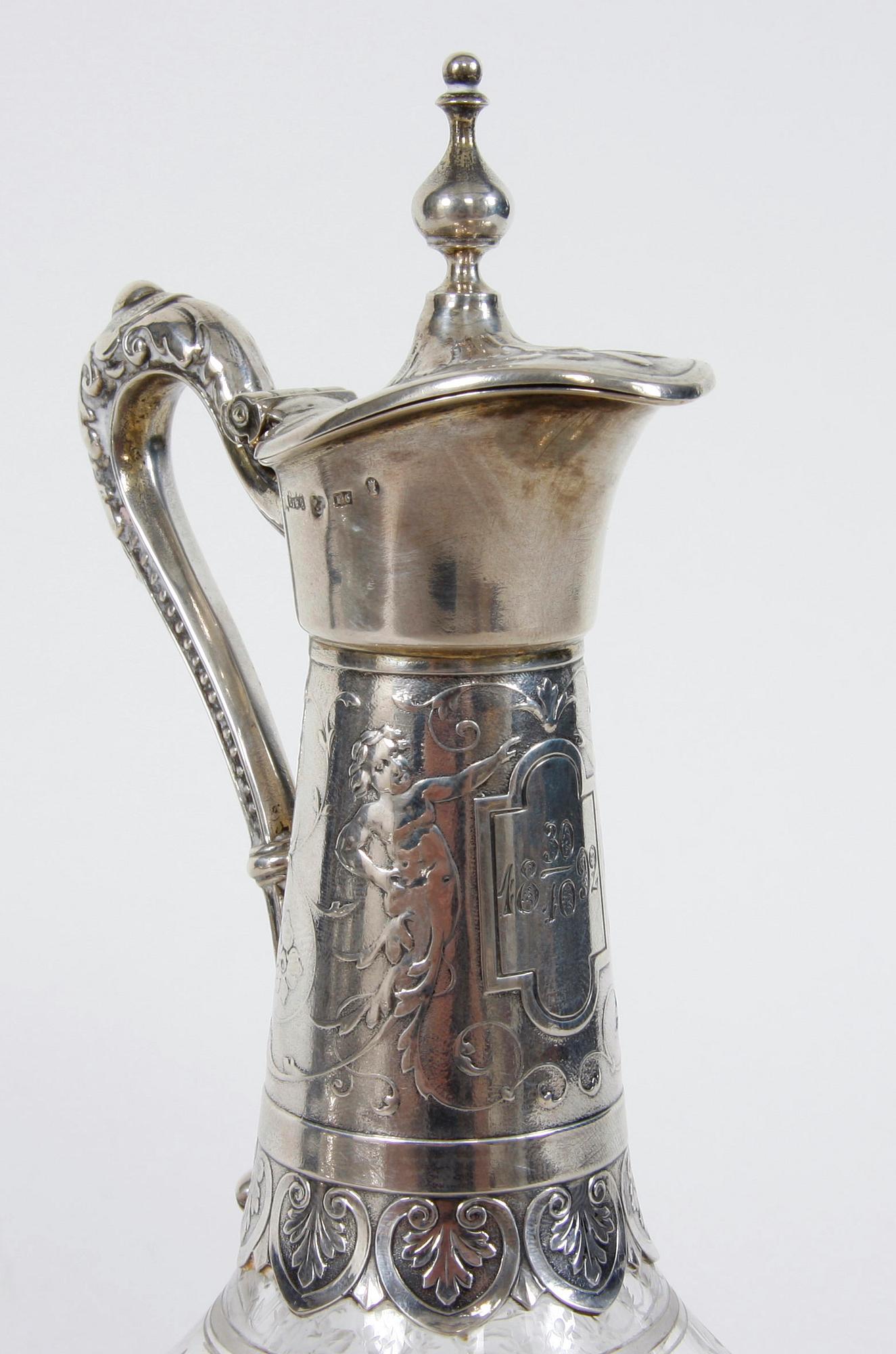 BRICKA, KARAFF SAMT GLAS, 4 st. Silver och glas. Lars Larsson & Co, Stockholm 1884.