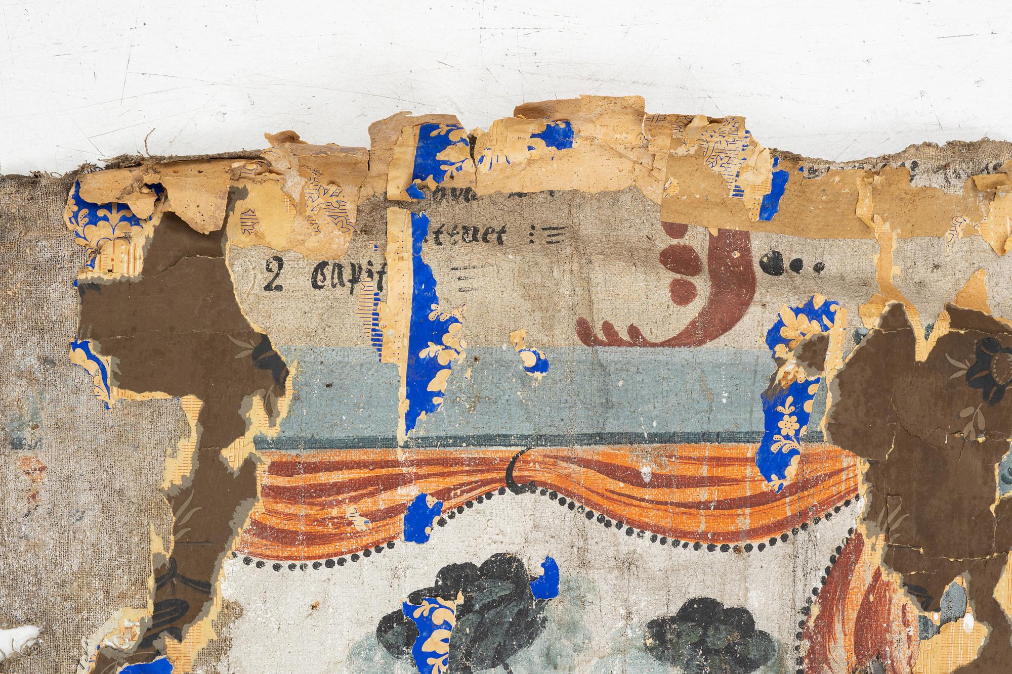 A nine-piece part folk art wall painting from Värmland, Sweden, late 18th century.