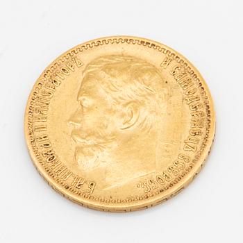 Two Russian 5 Rubel 21K gold coins, Nicolas II, 1898.