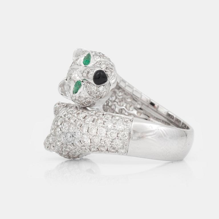 A brilliant-cut diamond, 3.36 cts, agate and emeralds, 0.15 ct, ring.