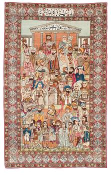 1753. ANTIQUE KERMAN LAVER FIGURAL MASHAHIR. "The rulers of the world". 242,5 x 154,5 cm.