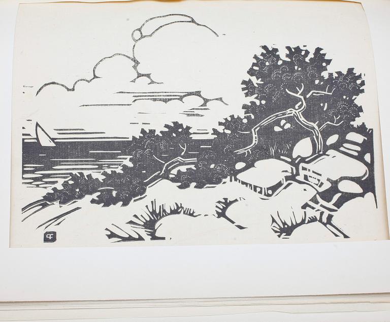 BOK, August Brunius "Det moderna originalträsnittet", Handpresstryckeriets förlag, Råsunda, 1917. 61/200.