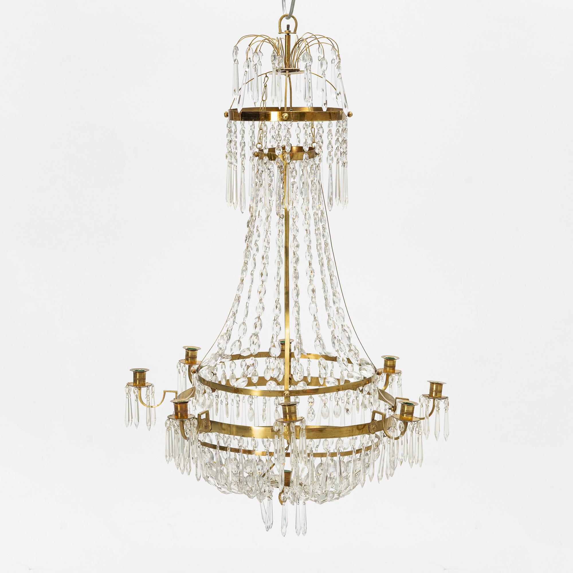 Crystal chandelier and ceiling lamp, Gustavian style, 20th century.