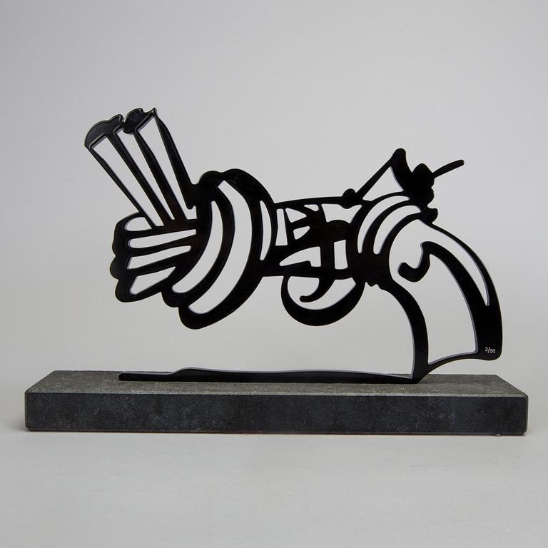 CARL FREDRIK REUTERSWÄRD, culpture, black painted steel on base of stone, signed CFR and numbered 2/50.