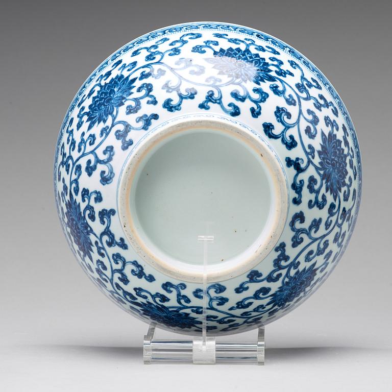 A large blue and white Ming style 'dice' bowl, Qing dynasty, Yongzhengs six character mark and period (1723-35).