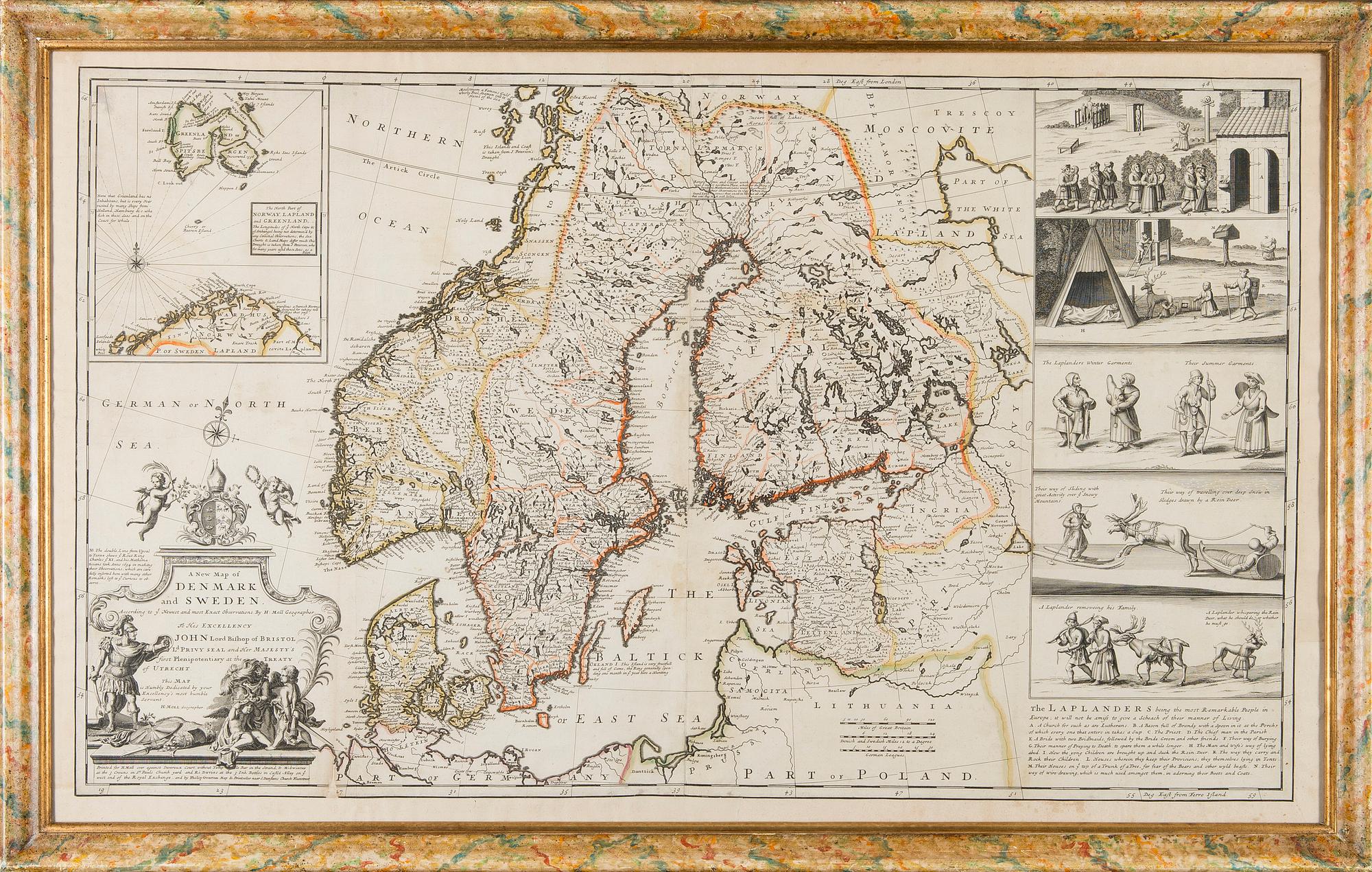 KARTA, HERMAN MOLL, "New map of Denmark and Sweden According to the Newest and most Exact Observations".