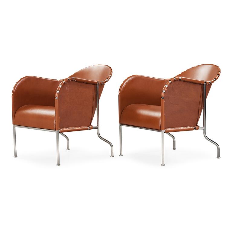 Mats Theselius, A pair of 'Bruno' brown leather and steel easy chairs, Källemo, Sweden.