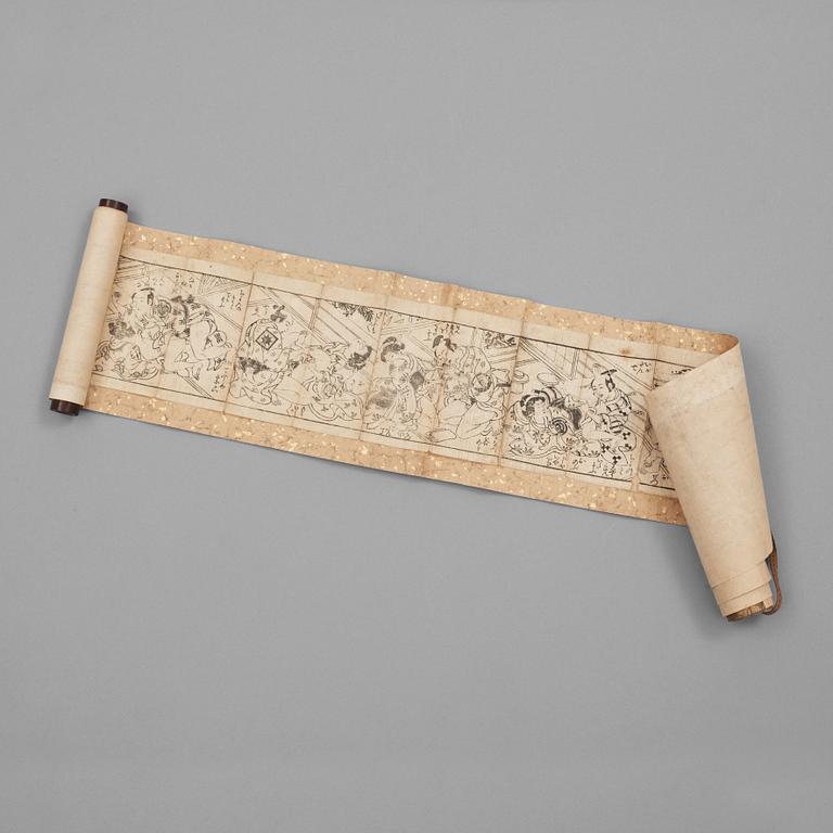 A hand scroll with shunga woodblock prints, Japan 18th or 19th Century.