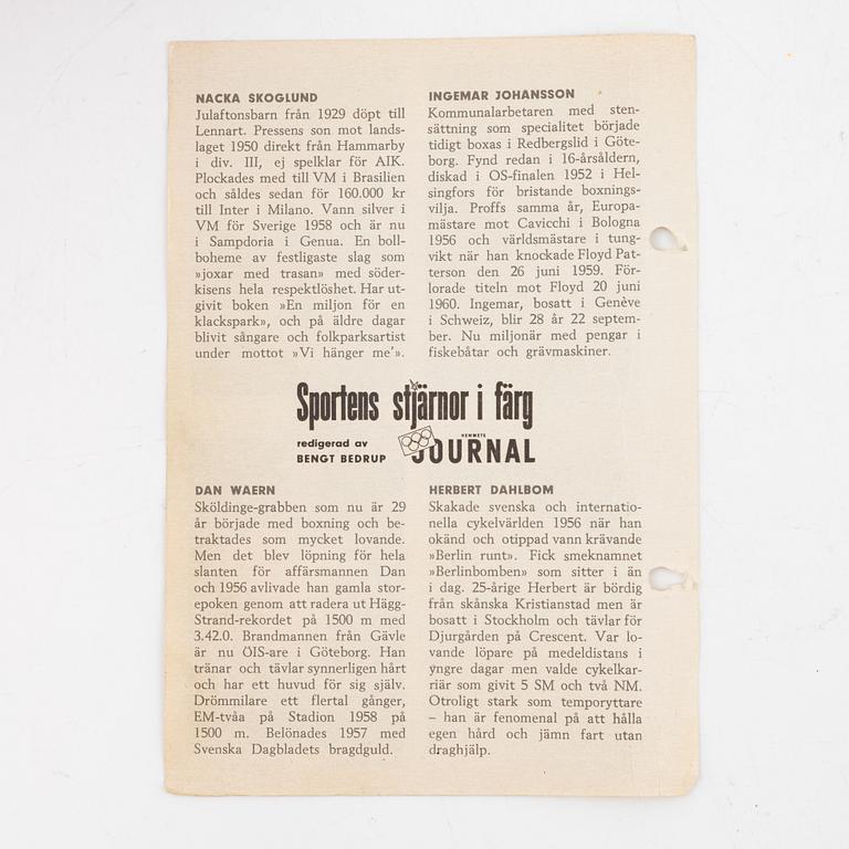 Idol cards, "Sportens stjärnor", Hemmets Journal, 1960s.