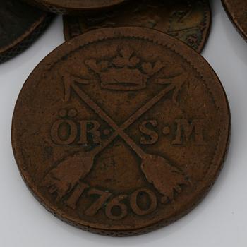 PARTI MYNT, 35 st, koppar, Sverige, 1600-1700-tal. Total vikt ca 407 g.