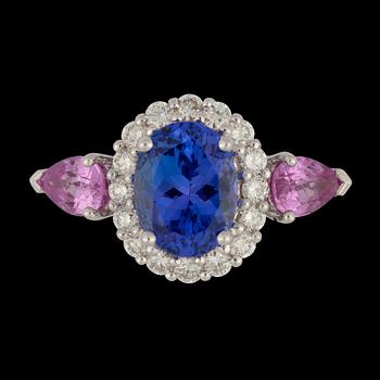 78. A 2.00 cts tanzanite, pink sapphire and brilliant cut diamond ring.