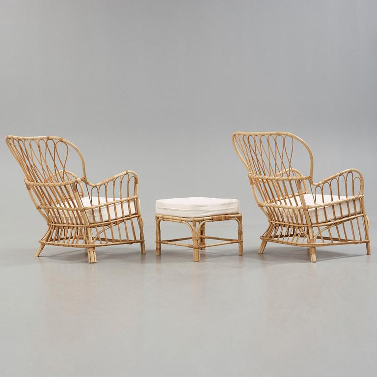 Josef Frank, a pair of rattan easy chairs and a stool, Svenskt Tenn Sweden.