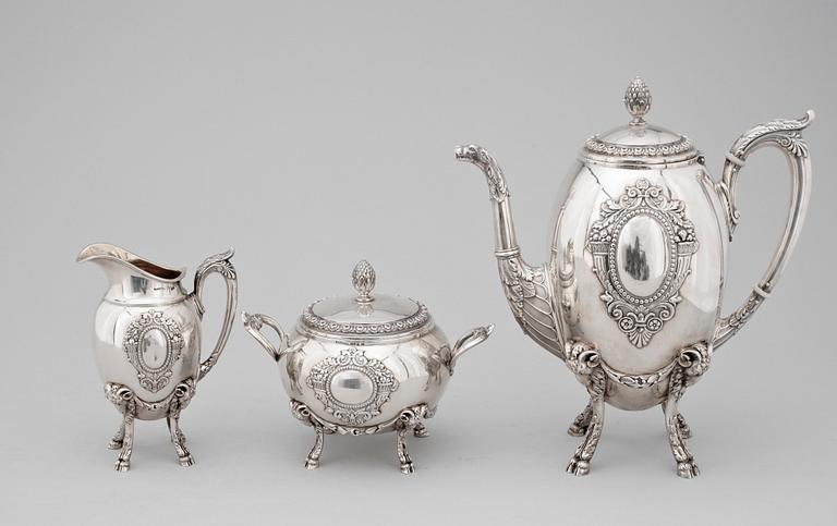 KAFFESERVIS, 3 delar, silver, empirestil, K. Anderson, Stockholm 1913. Totalvikt ca 1500 gram.