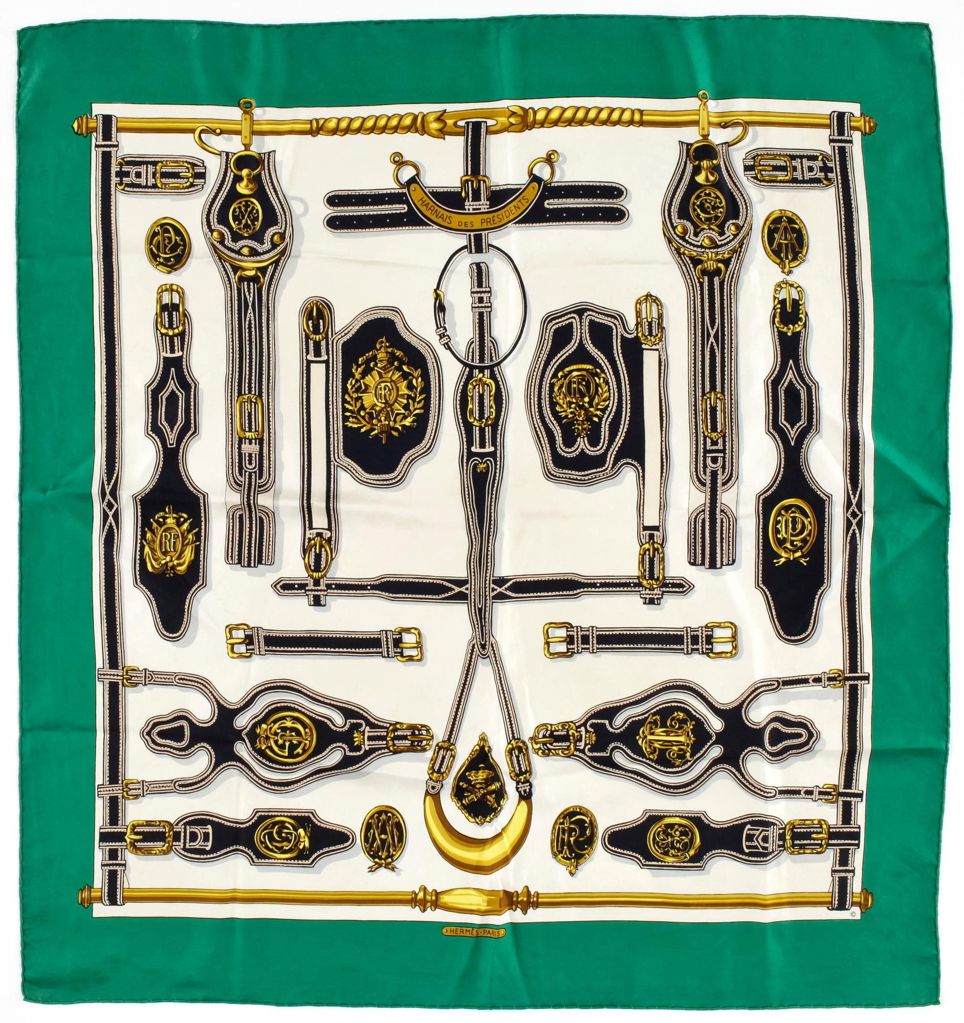 SCARVES, 2 st, siden, "Harnais des Presidents" samt "Brides de Gala", Hermés, Paris.