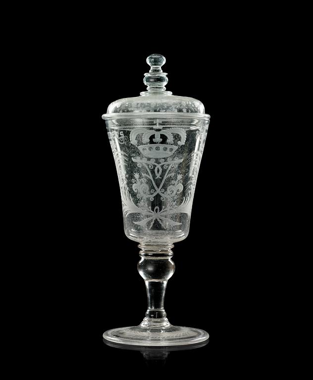 A large engraved late baroque armorial goblet with cover, Kungsholms glasbruk, first half of 18th Century.