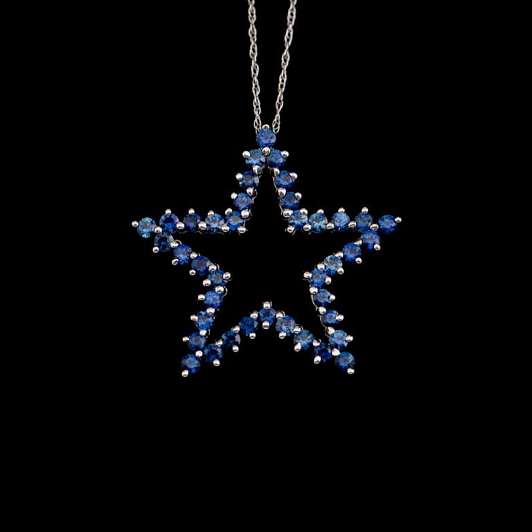 HÄNGE MED KEDJA, 14 k vitguld, safirer tot ca 1.25 ct.
