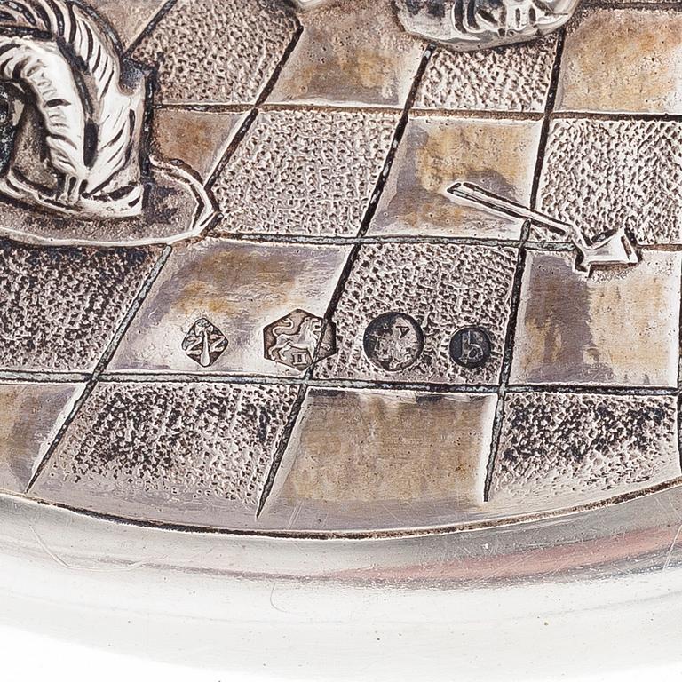 A tavern motif silver dish, maker's mark of Zaanlandse Zilversmederijen, Amsterdam, Netherlands 1961.