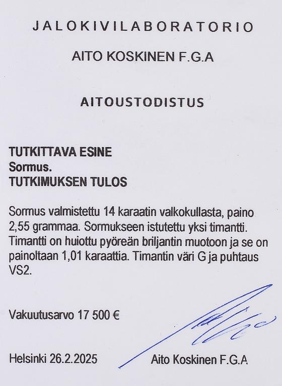 Sormus, 14K valkokultaa, ja briljanttihiottu timantti.