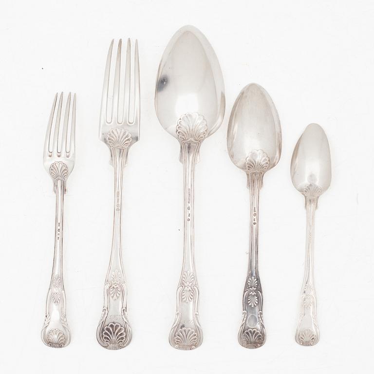 Bestick, 30 delar, silver, "Engelsk snäck", bl a JE Torsk, Stockholm 1862.