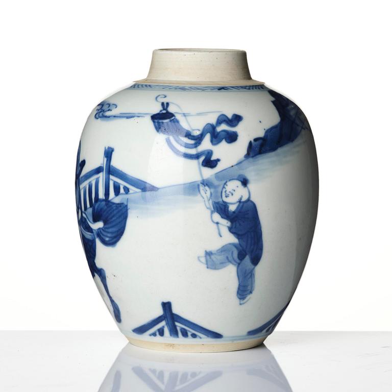 A blue and white 'boys at play' tea caddy, Qing dynasty, Kangxi (1662-1722).