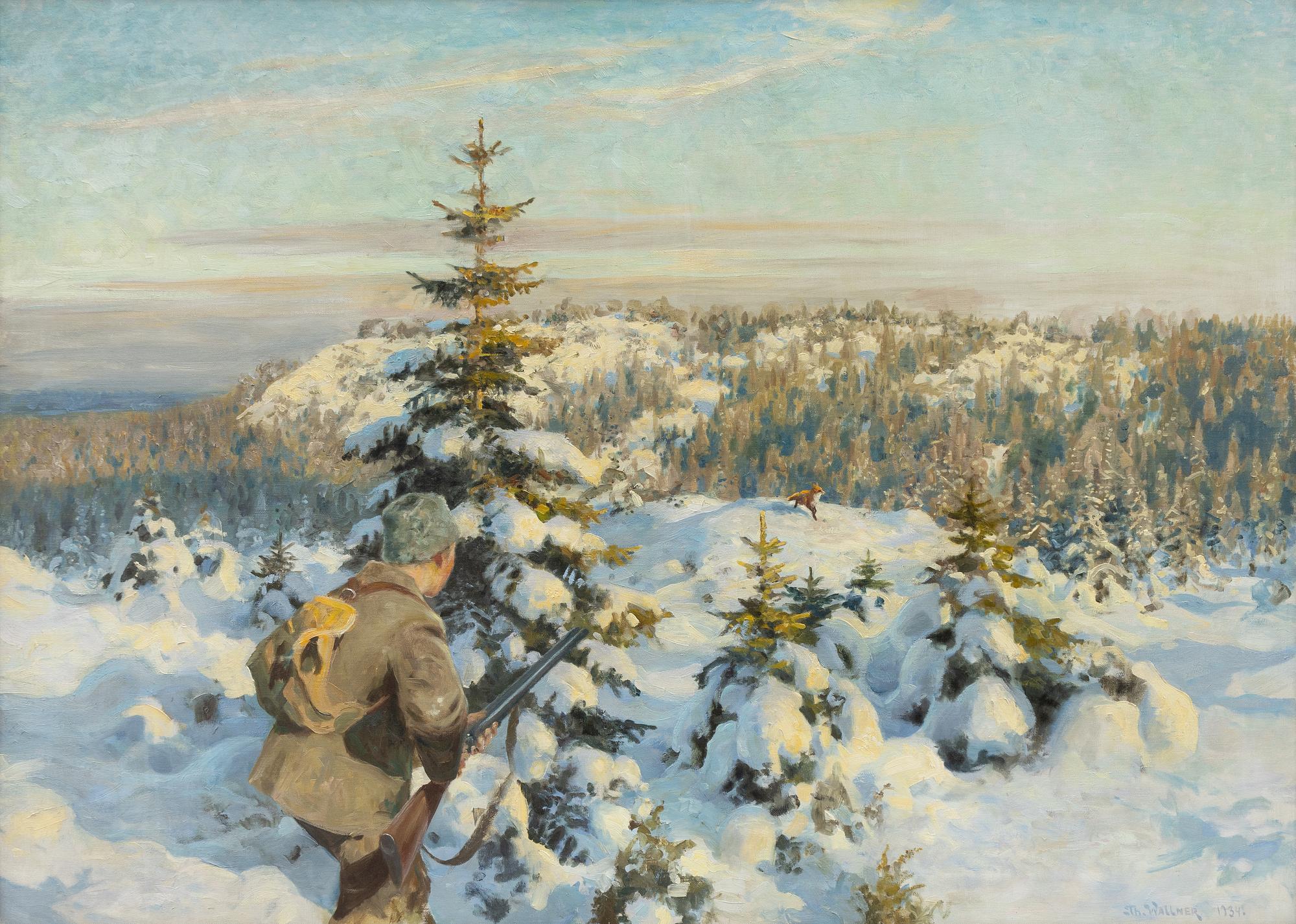 Thure Wallner, Winter Landscape with Hunter and Fox.