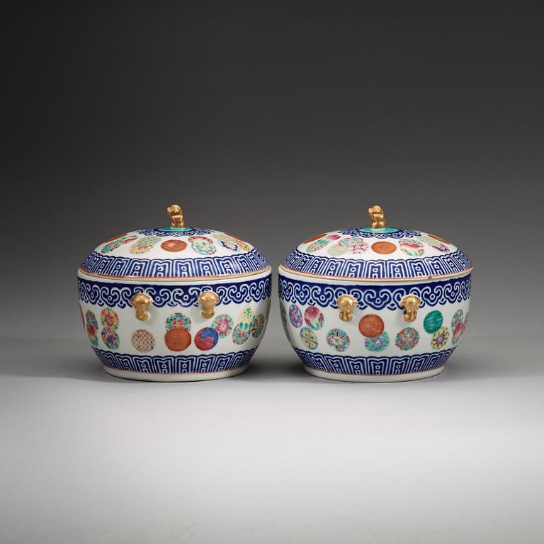 A pair of famille rose and blue enamel tureens with covers, late Qing dynasty.