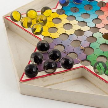 A set of six Chinese ink rubbings, two board games and a box with glass pearl embroidery.